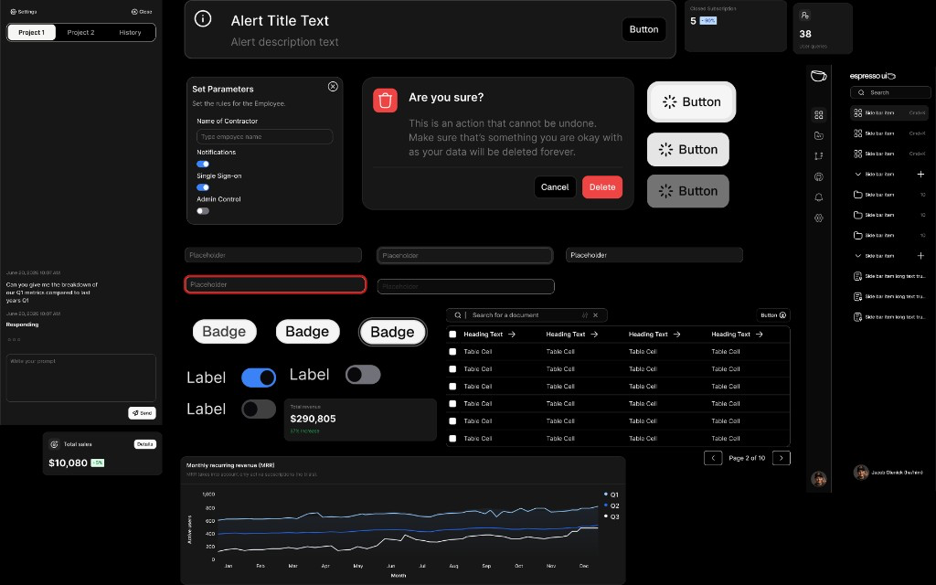 Preview of espresso ui components including buttons, inputs, modals, charts, and navigation