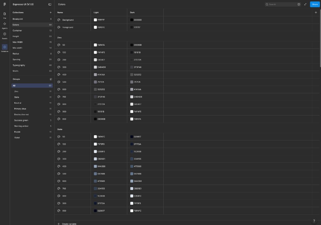 Figma color variables for light and dark mode aligned with Tailwind and shadcn